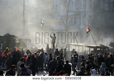 KIEV, UKRAINE - JANUARY 20, 2014: Anti-government protest in Kiev,  Grushevsky str.  Mass meeting for the government's resignation.