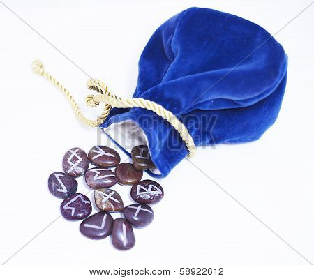 Shamanic rune stone blue bag and gold thread