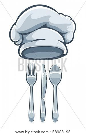 Kitchen utensils fork knife spoon and cooks cap. Eps10 vector illustration. Isolated on white background