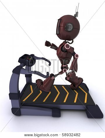 3D render of an Andriod at the gym running on a treadmill