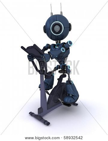 3D render of an Andriod at the gym on  an exercise bike