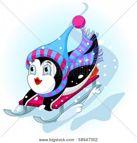 Penguin having fun in a snow cart.. Raster version.  