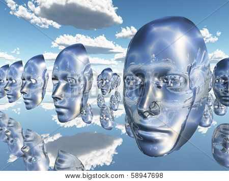 Disembodied faces or masks hover in surreal scene
