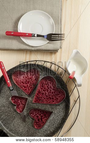 Valentine's Day Red Pancakes In Heart Shape With Sour Cream