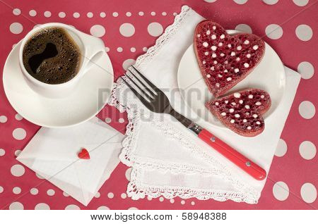 Valentine's Day Red Pancakes In Heart Shape With Sour Cream