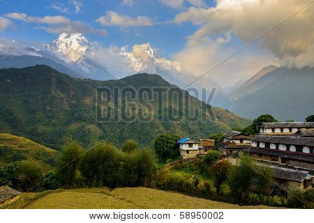 Ghandruk village with the Annapurna South and the Hiunchuli in the background, Nepal