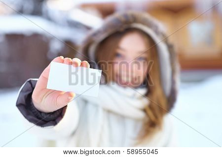 Young Beautiful Woman With Blank Visiting Card. Winter.