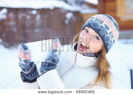 Young Beautiful Woman With Blank Banner. Winter.