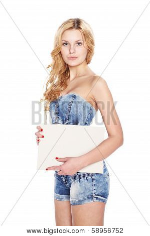 Beautiful Blonde Young Woman With Blank Banner.