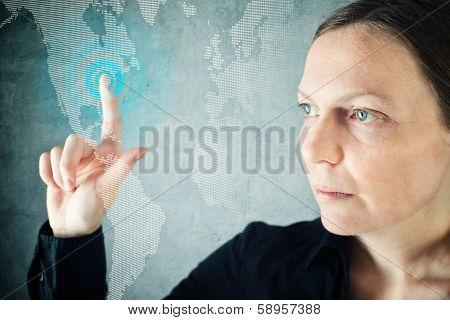 Attractive Businesswoman Pressing Touch Screen Button