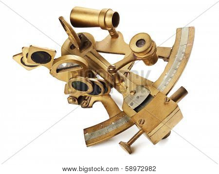 old bronze sextant on the white background