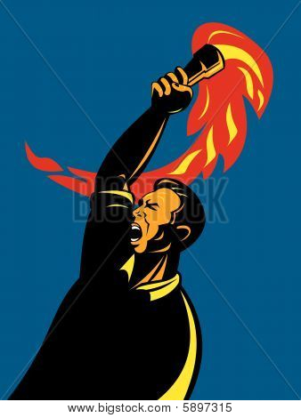 불타는 횃불을 들고 하는 블루 칼라 노동자