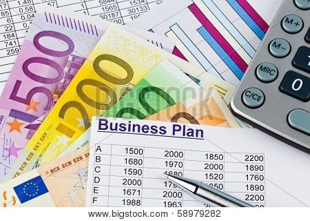 a business plan for starting a business. ideas and strategies for self-employment. euro banknotes and calculator
