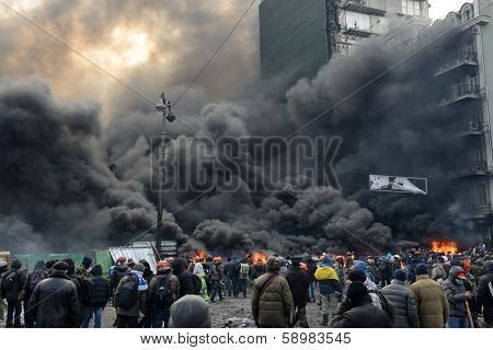 KIEV, UKRAINE - JANUARY 23, 2014: Anti-government protest in Kiev,  Grushevsky str.  People defend barricades.