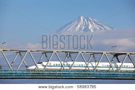 View of Mt  Fuji and Tokaido Shinkansen, Shizuoka, Japan