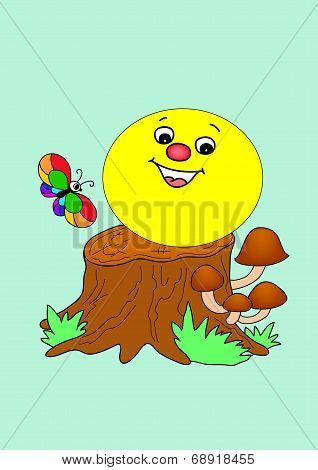 Kolobok sitting on a stump next to a butterfly
