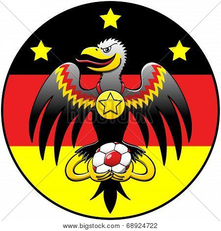 Black eagle holding a soccer ball and posing in a German coat of arms