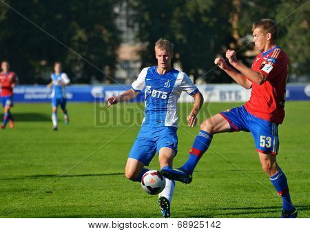 MOSCOW, RUSSIA - JULY 22, 2014: Match Dynamo, Moscow - CSKA, Moscow during the Lev Yashin VTB Cup, the international tournament for U21 soccer teams. Dynamo won 1-0