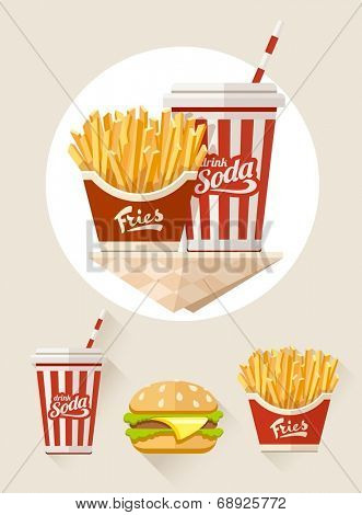 French fries and soda in paper cup flat icons set. Eps10 vector illustration