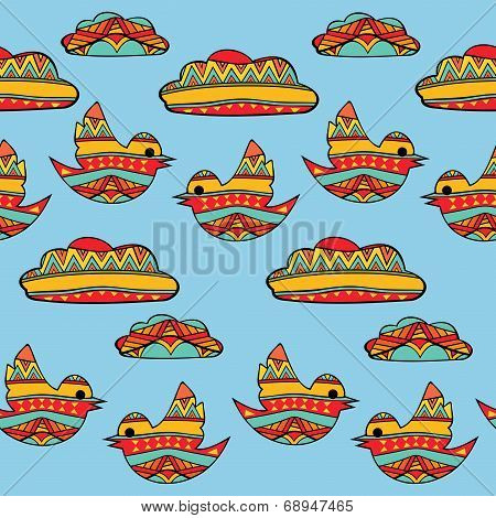 Fancy Birds And Clouds Seamless Pattern