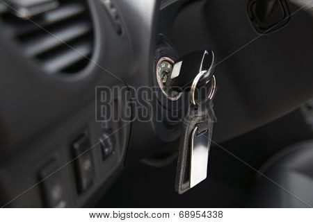 Car ignition with key, close-up
