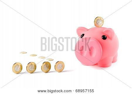 Piggy Bank And Coins Isolated