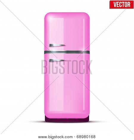 Classic Pink Fridge Refrigerator. Vector Isolated On White Background