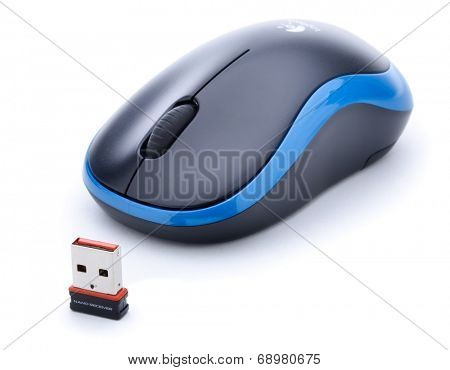 Ankara, Turkey - May 28, 2013: Wireless computer mouse manufactured by Logitech isolated on white background. 