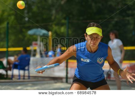 MOSCOW, RUSSIA - JULY 18, 2014: Patricia Diaz of Venezuela in the match against Estonia during ITF Beach Tennis World Team Championship. Venezuela won 3-0