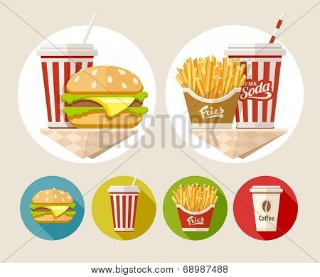 Hamburger, french fries and soda drink in paper cup flat icons set. Eps10 vector illustration