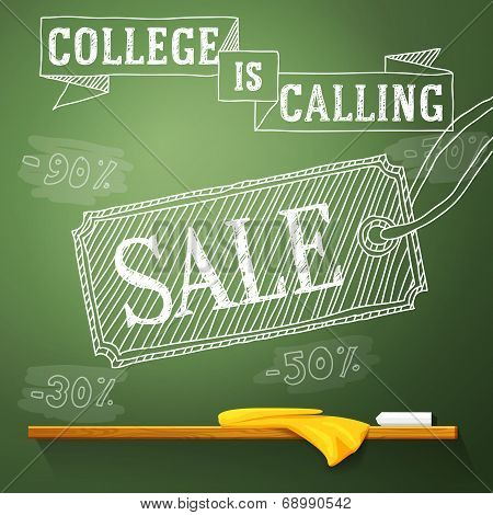 College is calling sale on the chalkboard with different percents. Vector