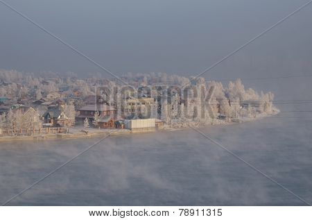 Island on the Angara River on a clear frosty day. Irkutsk