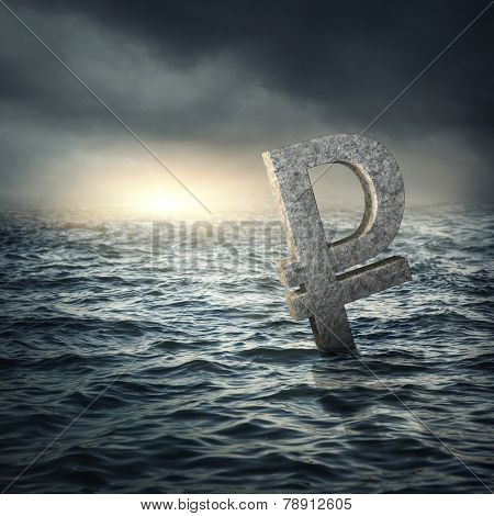 Ruble sign sinking in water.Russian economic crisis concept