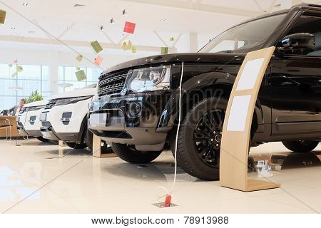Moscow, Russia, December, 3, 2014: cars in a showroom of a car trading center in Moscow, Russia