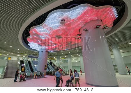 TAIPEI - NOVEMBER 29th : Dramatic Crystal-LED light Lobby on the ceiling of new open Songshan MRT Station on November 29th, 2014 in Taipei, Taiwan.