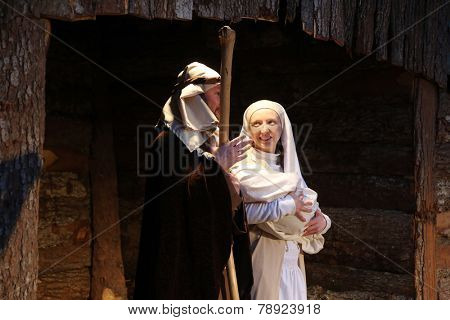 ZAGREB, CROATIA - JANUARY 04, 2014: The religious spirit in the Advent in Zagreb especially can feel the front of the Cathedral, where Community Cenacolo organizes live Christmas nativity scene.