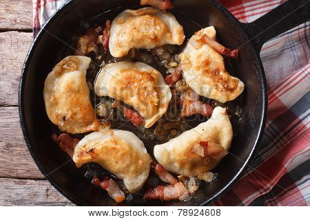 Fried Dumplings In A Pan Macro. Horizontal Top View