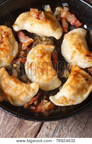 Hot Fried Dumplings In A Frying Pan Macro. Vertical Top View