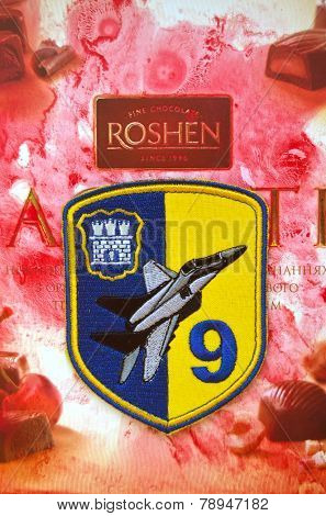 Illustrative editorial.Chevron of Ukrainian air force. 9 Aviation brigade.With logo Roshen Inc. Trademark Roshen is property of ukrainian president Poroshenko.At December 20,2014 in Kiev, Ukraine 