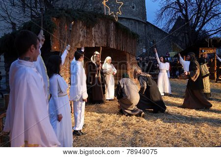 ZAGREB, CROATIA - JANUARY 04, 2014: The religious spirit in the Advent in Zagreb especially can feel the front of the Cathedral, where Community Cenacolo organizes live Christmas nativity scene.