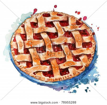 Hand painted home made berry pie. Watercolor sketch.