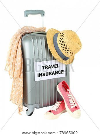 Travel suitcase and tourist stuff with inscription  travel insurance isolated on white