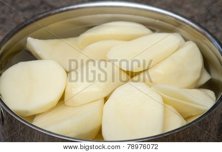 Raw potatoes in a pan
