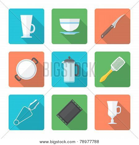 various flat style dinnerware icons set