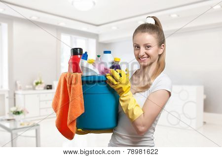 Cleaning service, woman with detergent  Stock Photo: