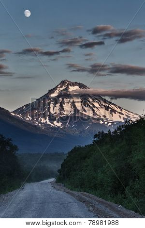 Road To Viluchinsky Volcano At Night In The Moonlight. Kamchatka Peninsula