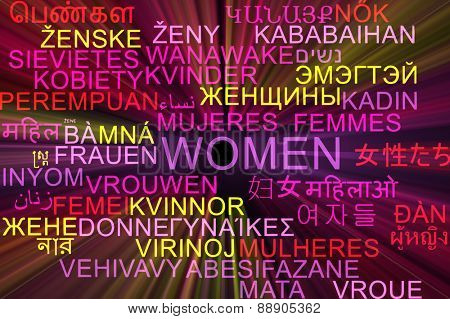 Background concept wordcloud multilanguage international many language illustration of women glowing light
