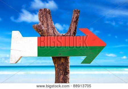 Madagascar Flag wooden sign with beach background