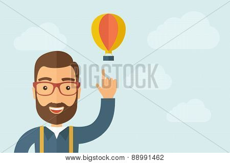 Man pointing the hot air balloon icon