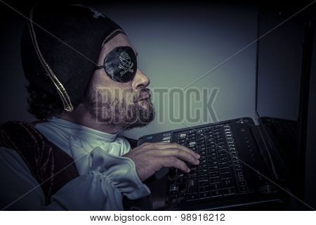 Violation, computer security, hacker pirate dress with hat and skull